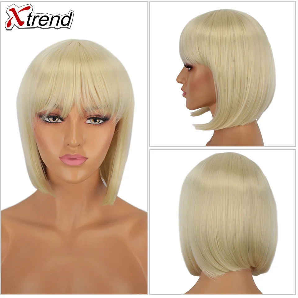 Xtrend Short Wig Perruque Wigs With Bangs For Black Women Peruca Synthetic Black Pink Grey Straight Hair Bob Style Pelucas