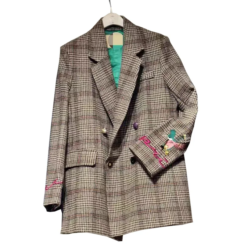 

Chic Houndstooth Embroidery Checked Woman Suits Flowers Embroideried Plaid Blazers Jacket Retro Loose Cardigan Long Outwear Tops