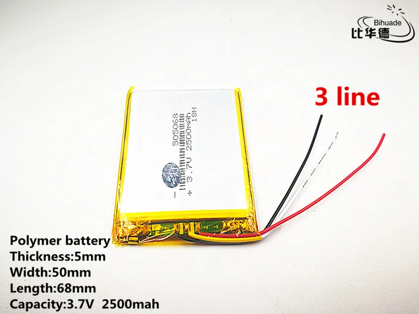 3 линии хорошего качества 3,7 V, 2500 mAH, 505068 полимерный литий-ионный/литий-ионная аккумуляторная батарея для игрушка, портативное зарядное устройство, gps, mp3, mp4