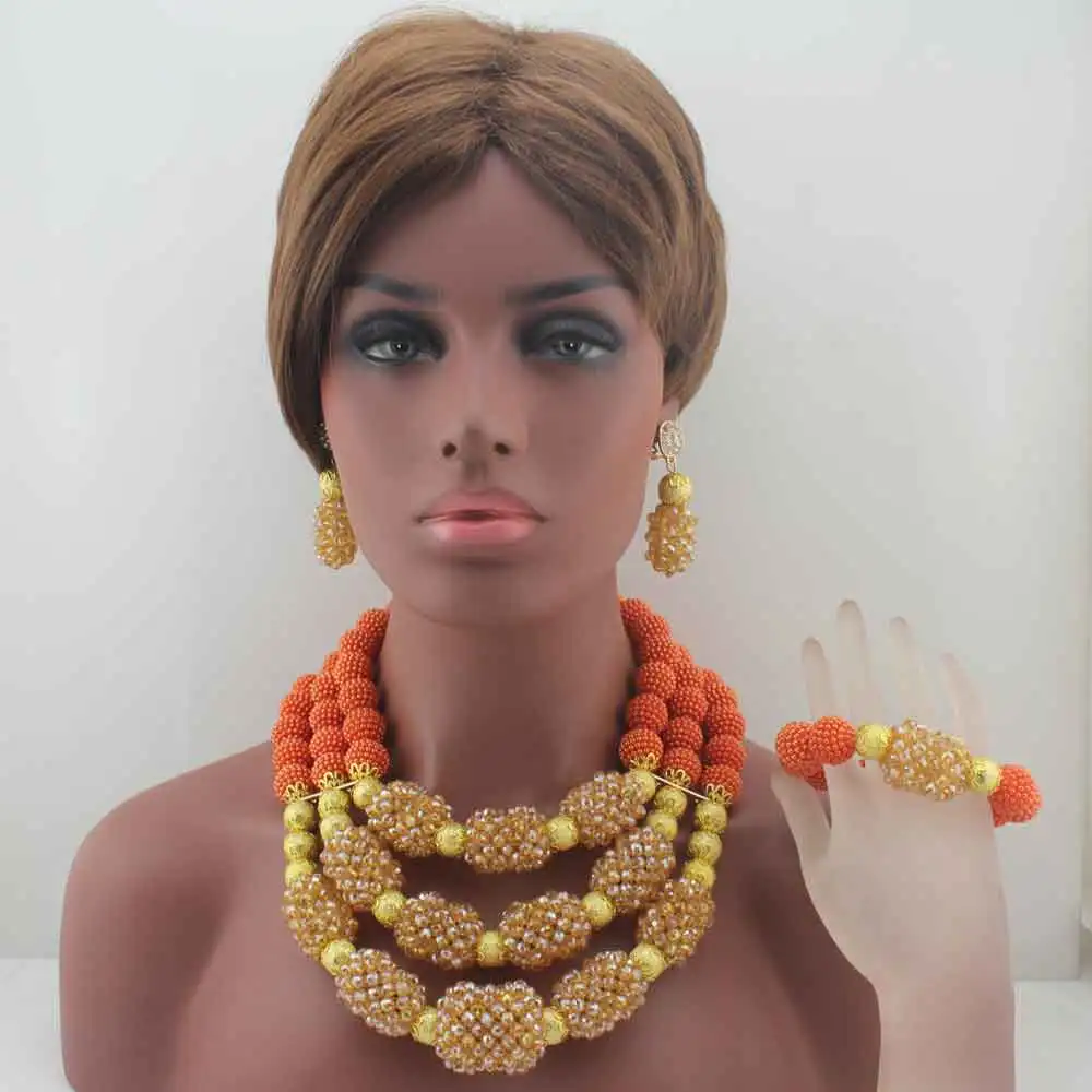 

New Handmade Orange Wedding African Bold Beads Jewelry Set Nigerian Bridal Costume Necklace Set Gift Free Shipping HD8507