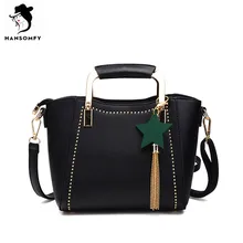 HANSOMFY Women Bags PU Leather Shoulder Bags Zipper Solid Hardware Handle Bucket Tote Bag with Tassel Star Brand Vintage Handbag