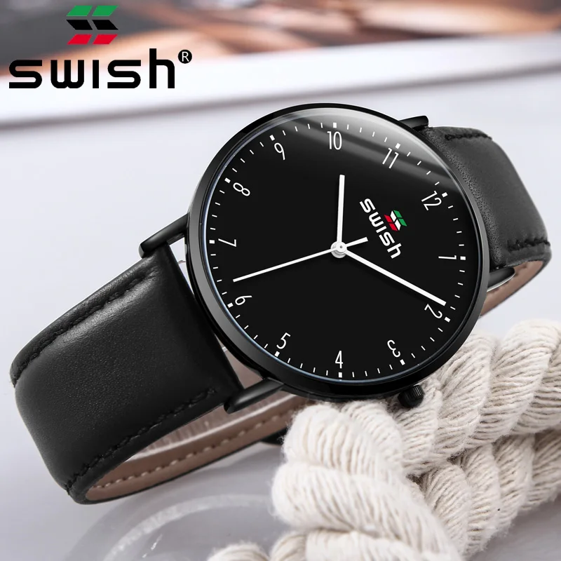

SWISH Ultra-thin Watch Leather Quartz Watch 30m Waterproof Black Leather Strap Fashion Dial Watch Men's Watch
