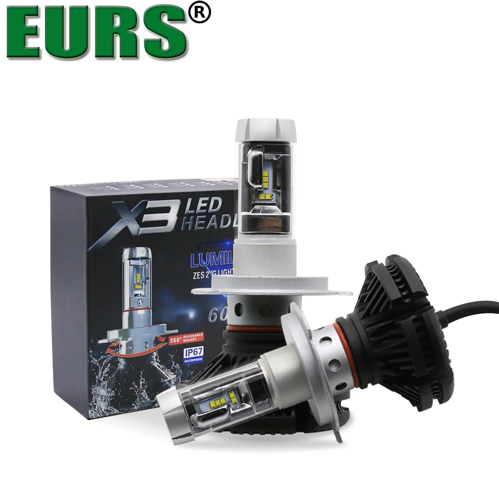 

EURS X3 Car Headlight LED lamp 50W 12000LM 3000K 6500K H1 H4 H11 H7 9005 HB3 Aviation aluminum CSP Hi/lo Beam DC9-32V 8000K bulb