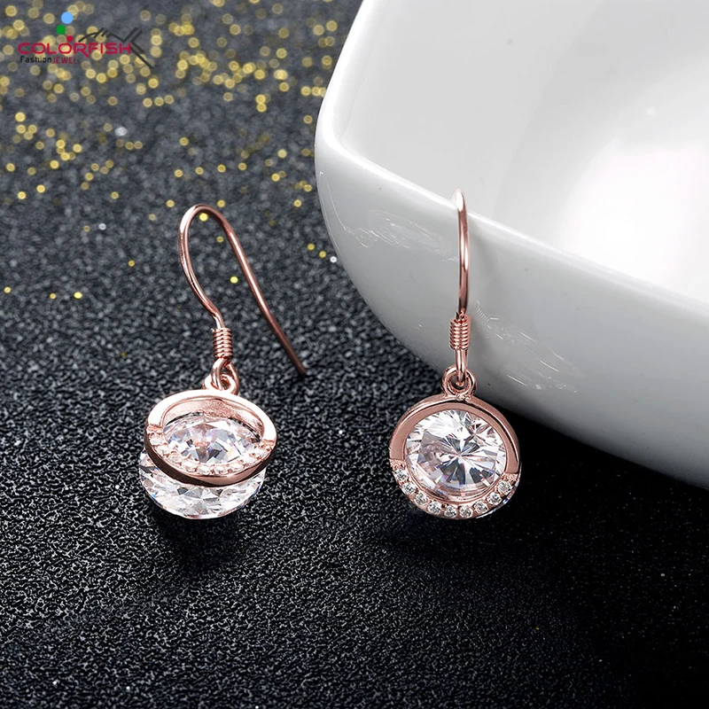 

COLORFISH 925 Solid Sterling Silver Sparkling Round 2 ct Drop Earrings For Women Engagement Fine Jewelry Rose Gold Color Earring