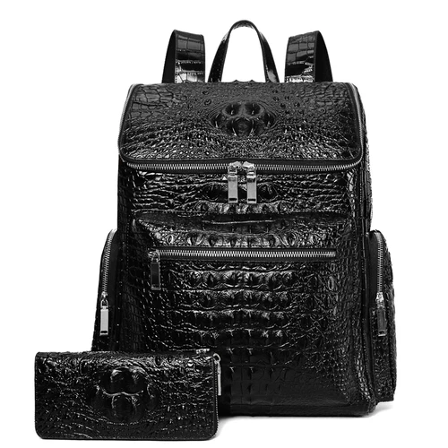 Роскошный бренд, натуральная кожа, мужской рюкзак, Аллигатор, настоящая натуральная кожа, студенческий рюкзак для мальчика, сумка для ноутбука 15 дюймов - Цвет: black with wallet