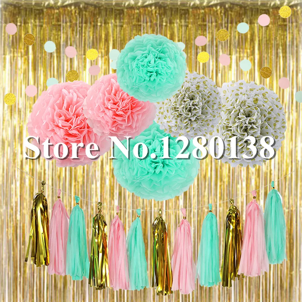

Party Decorations Gold Foil Curtain Balloon Tissue Paper Tassel Garland Pompoms Paper Banner FLags for Wedding Birthday Shower