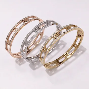 

2019 New Fashion Titanium Steel Hollow Roman Numerals Lover Bangles Bracelets For Women Gold-color Wide Cuff Bangle With Crystal