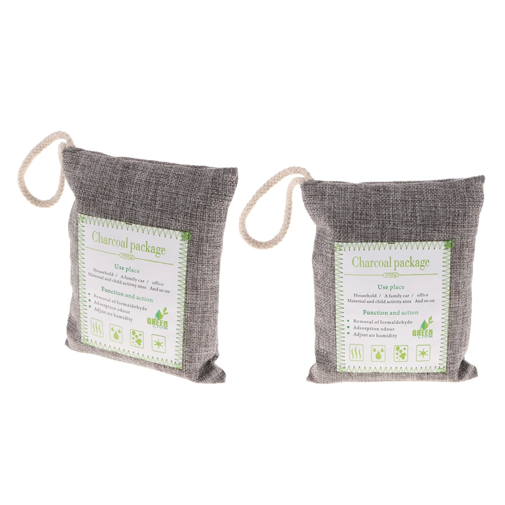 

2 Pack 200g Bamboo Charcoal Air Purifying Bags Car Air Freshener Activated Charcoal Odor Absorber for Car Home Shoes Gray