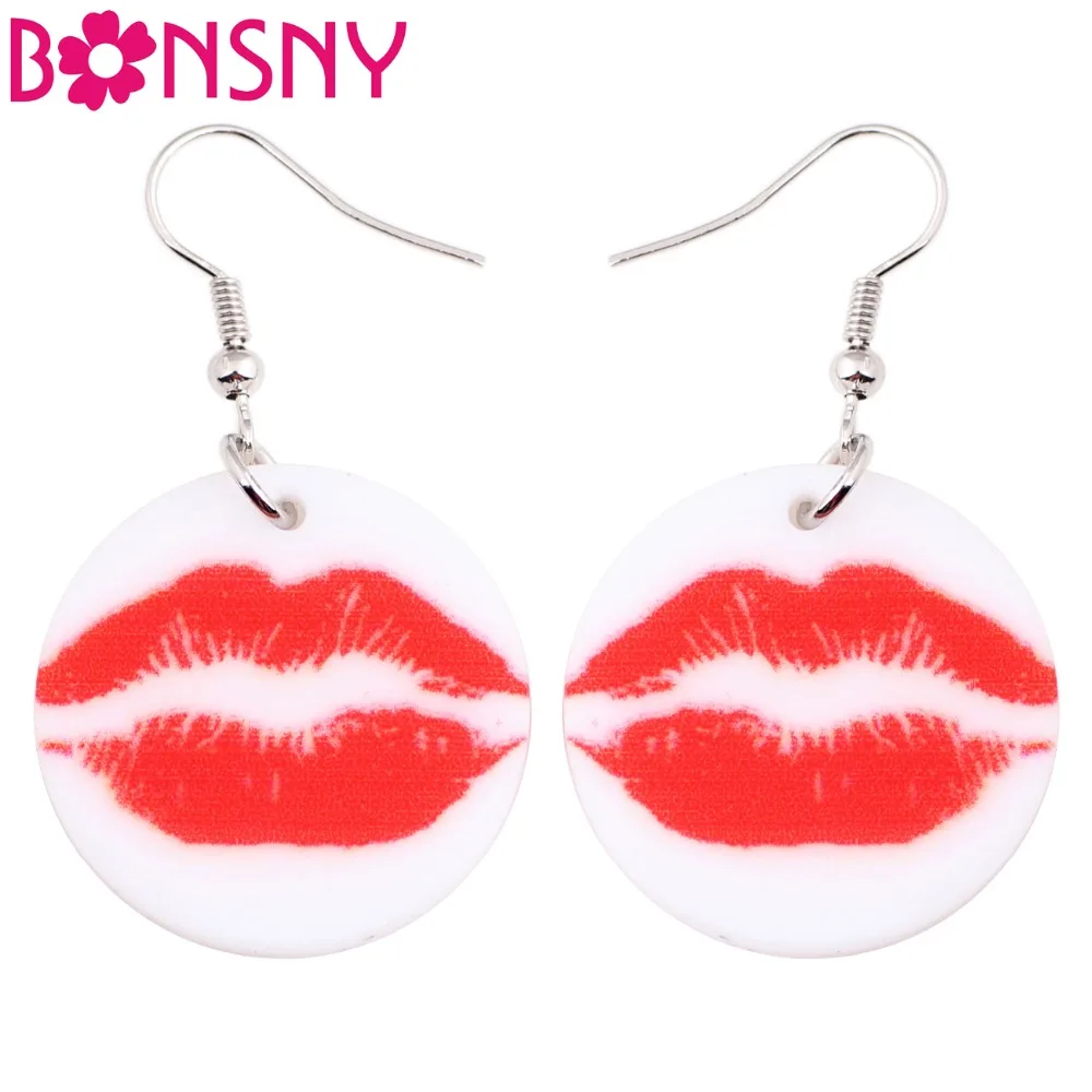 Bonsny Acrylic Pattern Big Long Drop Dangle Round Sexy Red Lips Earrings For Women 2017 New Fashion Jewelry Girl Accessories | Украшения и
