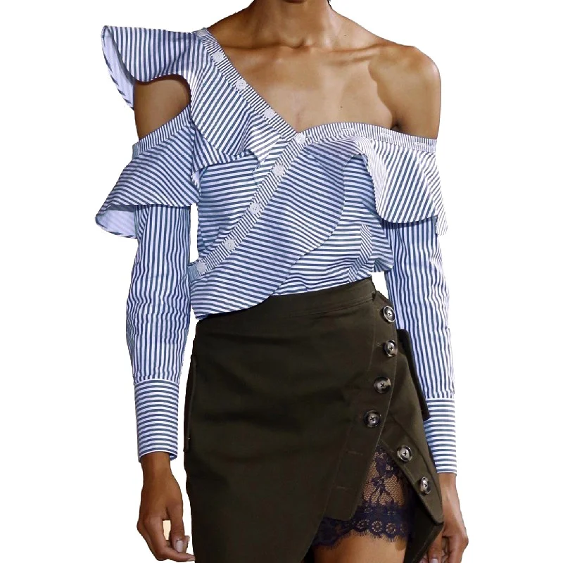 

Women Spring Summer Off Shoulder Ruffles Casual Blue White Striped Shirts Long Sleeve Blouse Tops