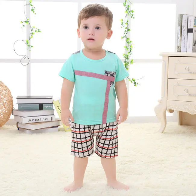 Летние хлопковые комплекты детской одежды рубашки с короткими рукавами+ клетчатые штаны Одежда для маленьких мальчиков детская одежда двух цветов для 6-36 месяцев - Цвет: as picture show