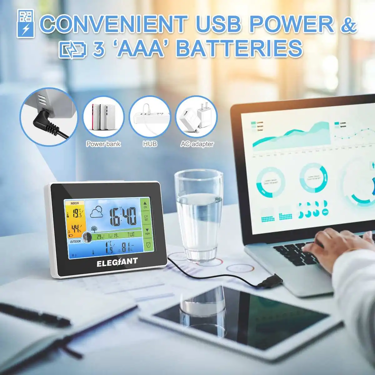 ELEGIANT цифровая сенсорная Беспроводная комнатная Метеостанция+ Открытый датчик/Календарь/фаза Луны/Повтор будильника/3CH