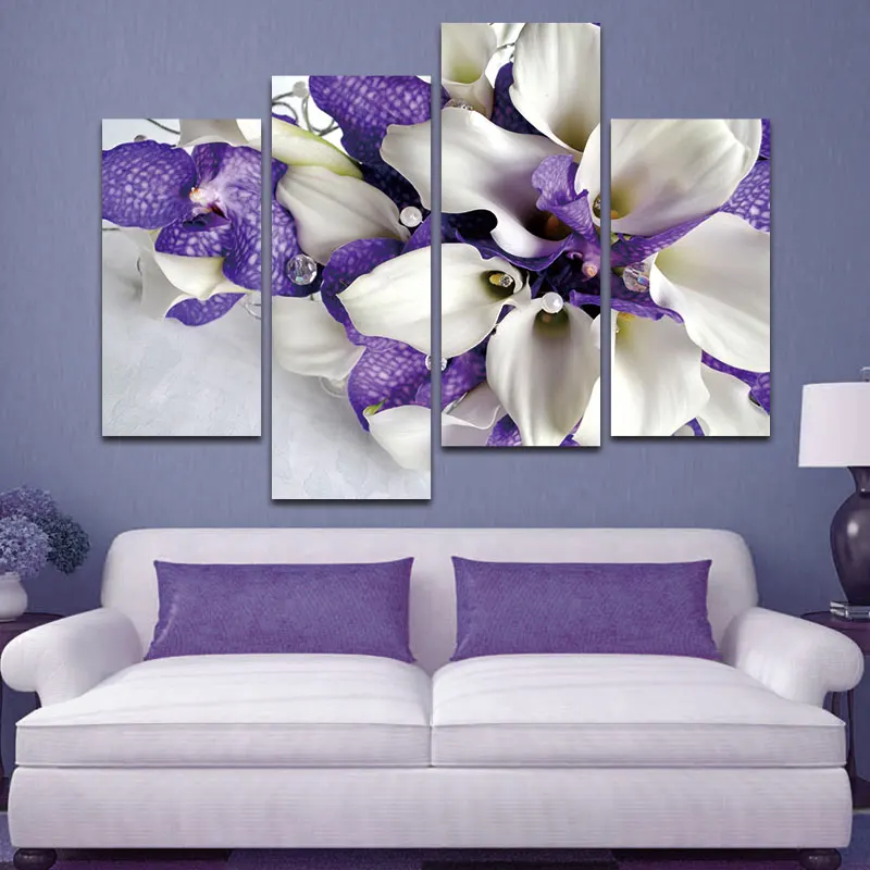 Настенная живопись картины печать на холсте цветок для дома Современное украшение букет цветов в белом и темно-фиолетовом