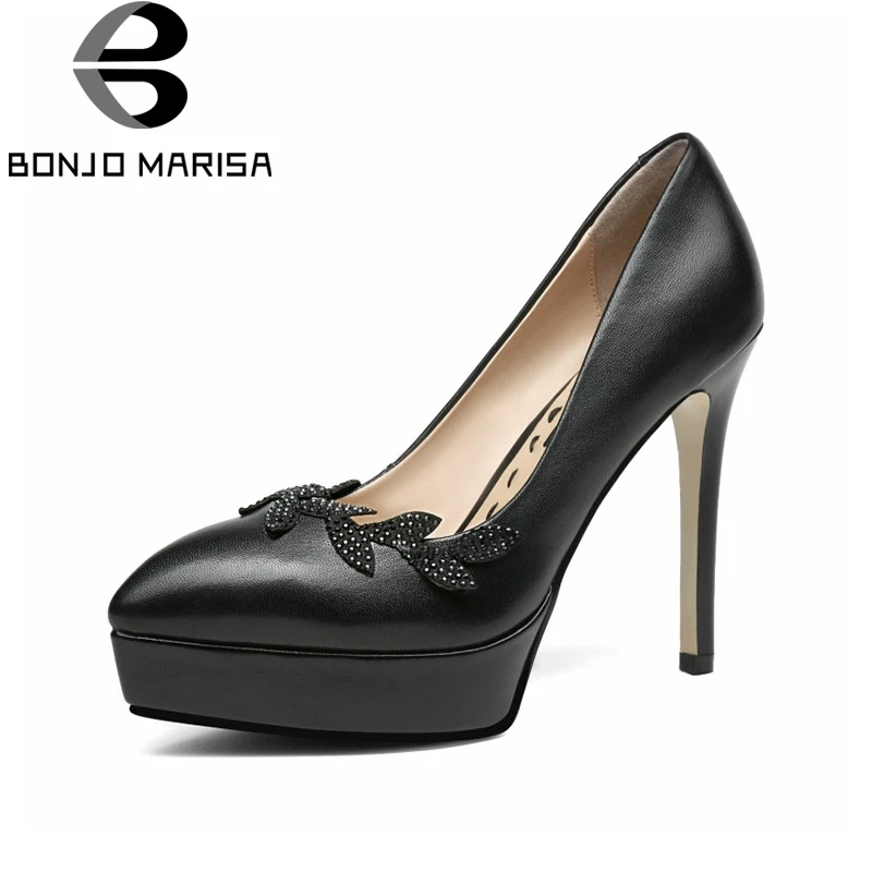 

BONJOMARISA 2018 Spring Autumn Brand Black Genuine Leather Appliques Pumps Platform OL High Heels Shoes Woman slip-on Shoe