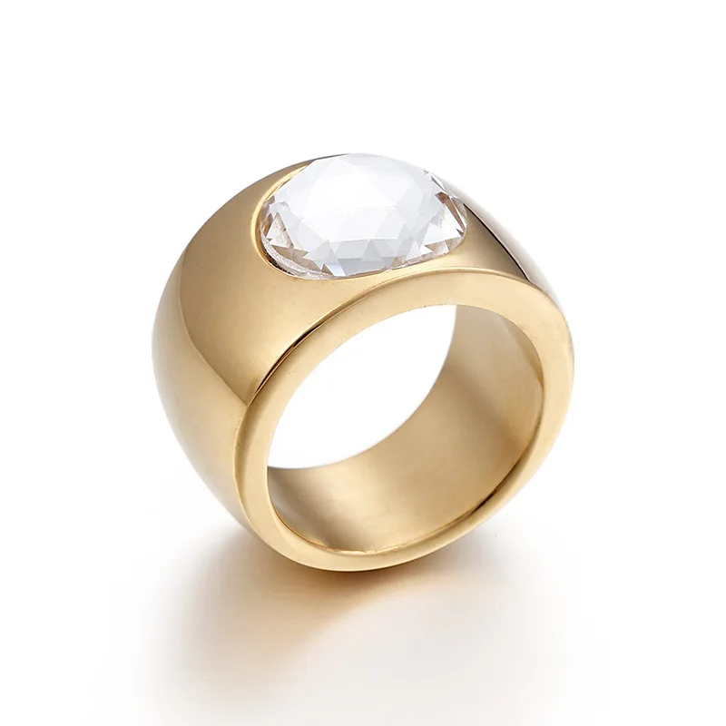Trendy Crystal Round Female Ring 10MM Wide Ring New Arrival Stainless Steel Women Cocktail Ring Jewelry Engagement Ring