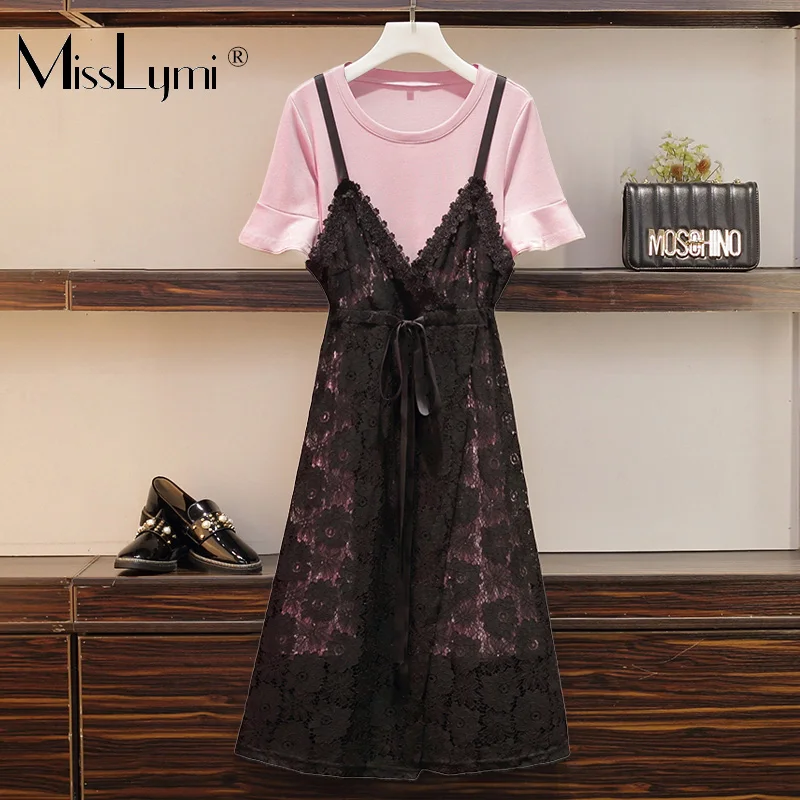 

XL-5XL Plus Size Women Two Piece Dress Summer 2019 Short Sleeve Cotton Long T shirt Dress and Spaghetti Strap Lace Midi Dresses