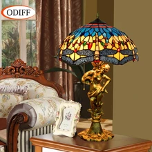ODIFF европейские Роскошные творческие сад витражи гостиная Голубая стрекоза настольные лампы бар Спальня Hote art лампа 90-260 В
