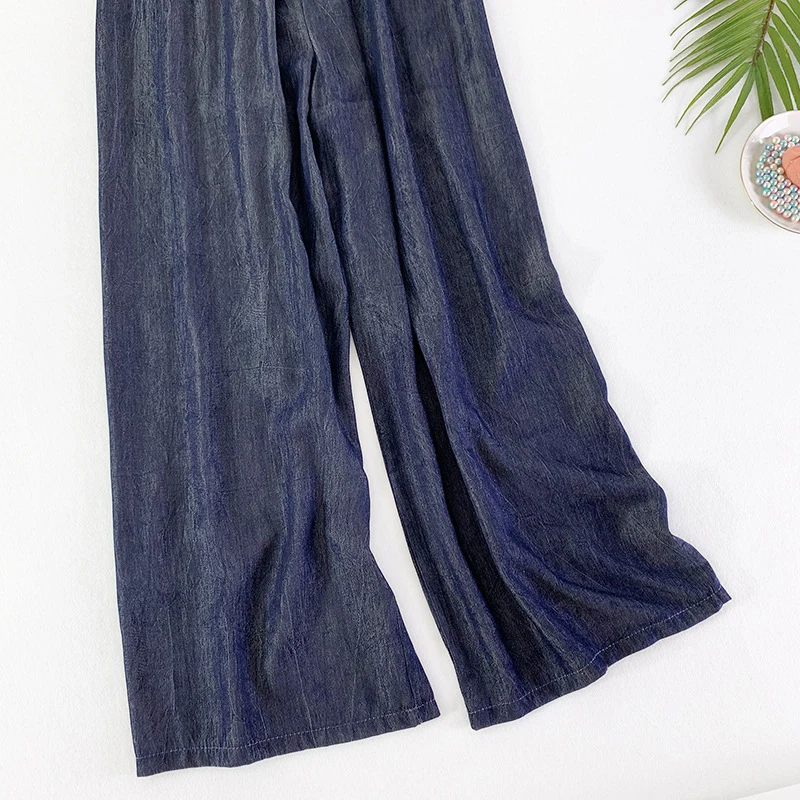 2019 new women's wide-leg pants elastic waist waist pants solid color silk imitation denim casual loose pants 858 2019 new women's wide-leg pants elastic waist waist pants solid color silk imitation denim casual loose pants 858