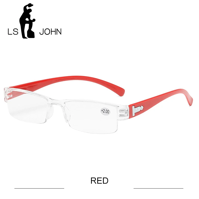 LS JOHN Korean Fashion Reading Glasses Men Women Clear Lens Half Frame Presbyopic Eyewear 1.0 1.5 2.0 2.5 3.0 3.5 4.0 for Reader - Цвет оправы: RED