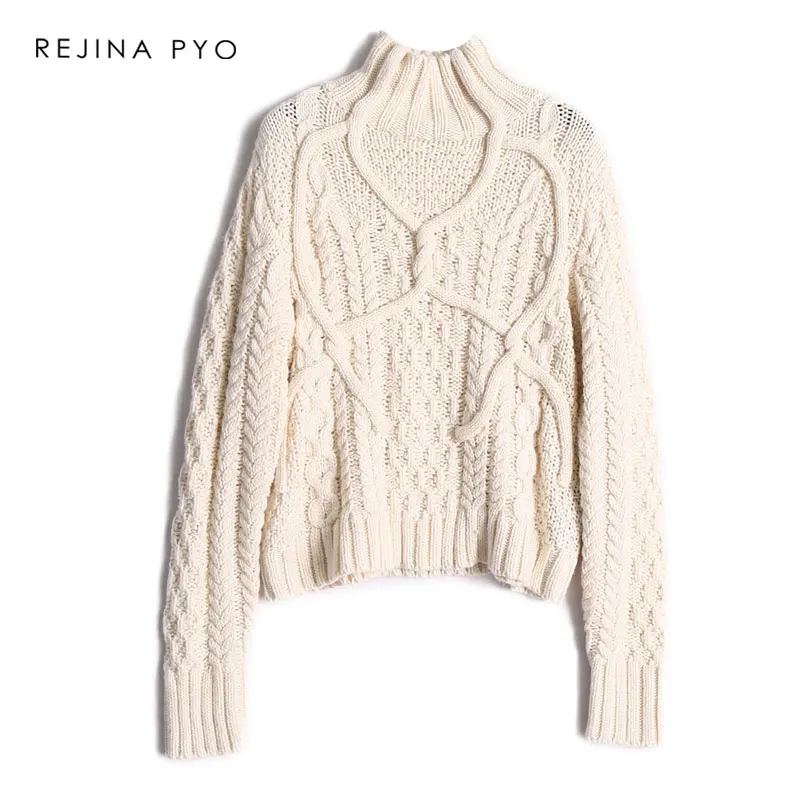 

REJINAPYO Women Vintage Winding Loose Solid Turtleneck Knitted Sweater Female Fashion Thick Wool Blends Sweater Pullover