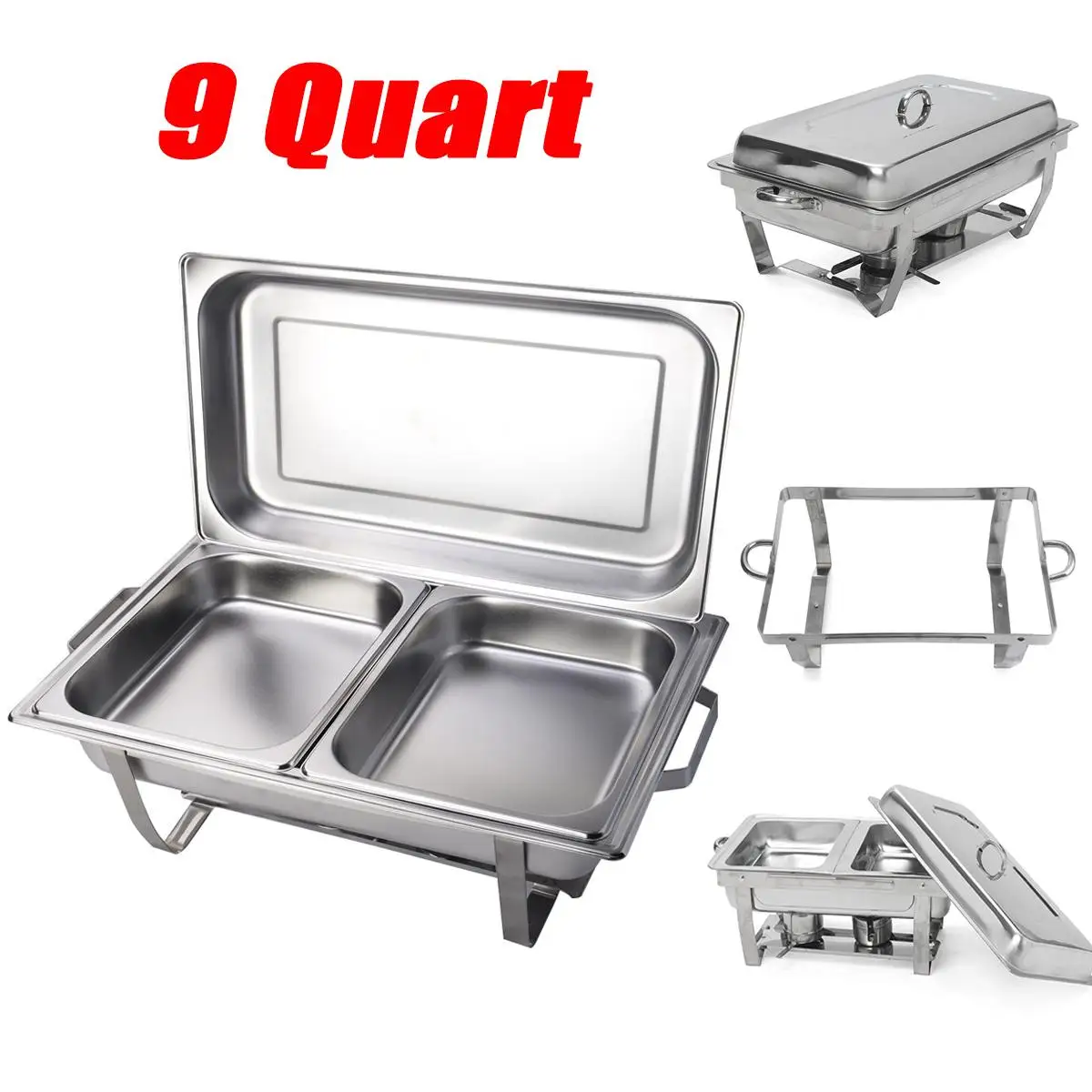 1Pc 2 Pack 9 Quart Stainless Steel Folding Chafer Rectangular Chafing Dish Sets Buffet Catering 2 Food Pan 24"x14"x11.4"