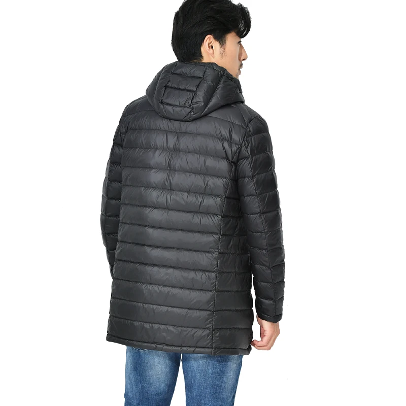 Men Mid-Long Jacket Winter Coat 90% Duck Down Parkas Hooded Ultra Light Solid Color Autumn Windbreaker Zipper