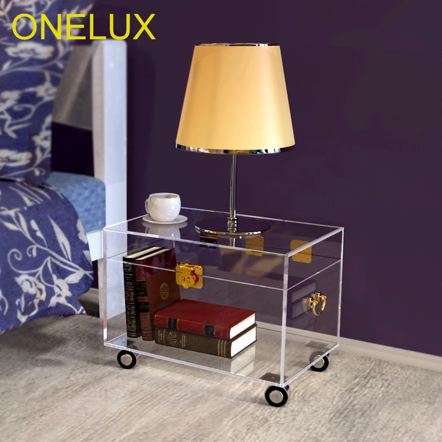 ONELUX Clear Acrylic Storage Chest ,Lucite Trunk Coffee Table On Wheels