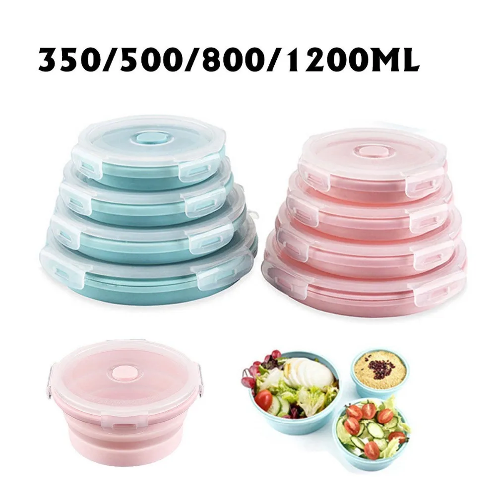 

Round Silicone Lunch Box Portable Bowl Colorful Folding Food Container Lunchbox 350/500/800/1200ml Eco-Friendly