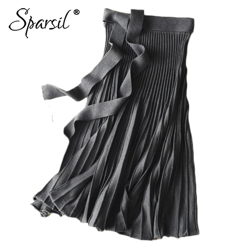 Sparsil, Женская Весенняя вязанная шерстяная плиссированная длинная юбка, зима-осень, трапециевидная юбка с бантом и поясом, до середины икры, офисные женские вязаные юбки