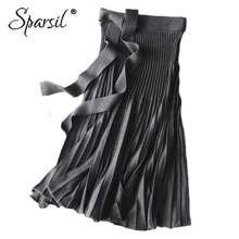 Sparsil, Женская Весенняя вязанная шерстяная плиссированная длинная юбка, зима-осень, трапециевидная юбка с бантом и поясом, до середины икры, офисные женские вязаные юбки