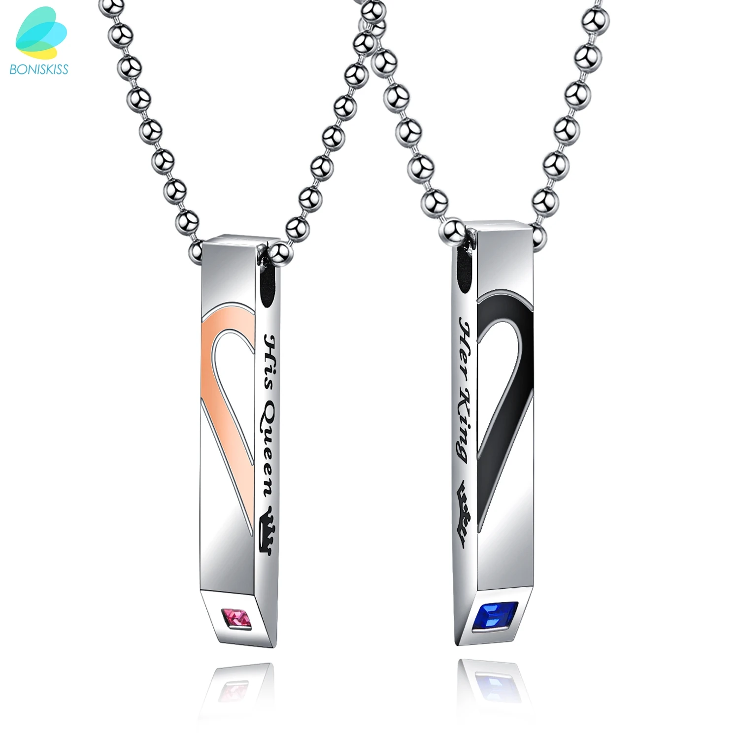 BONISKISS His Queen & Her King Matching Pillar Pendant With Stone Couple Lover Necklace With Chain Free Engrave