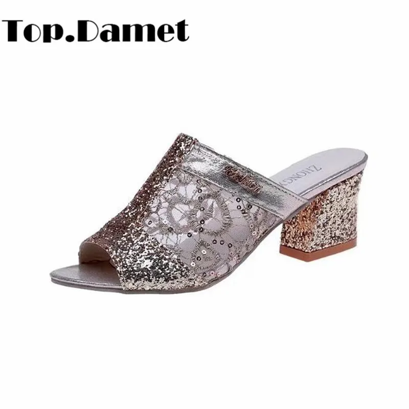

Top.Damet Summer Slippers Woman Sexy Square Heel Breathable Bling Outside Sandals Fashion Peep Toe Solid Color Slides for Ladies