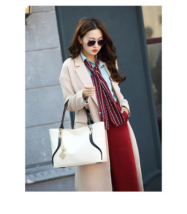 

WxfbBaby fashion simplicity bucket bag Quality Sequined big handbag Black white leather luxury brand bag thread casual tote bag