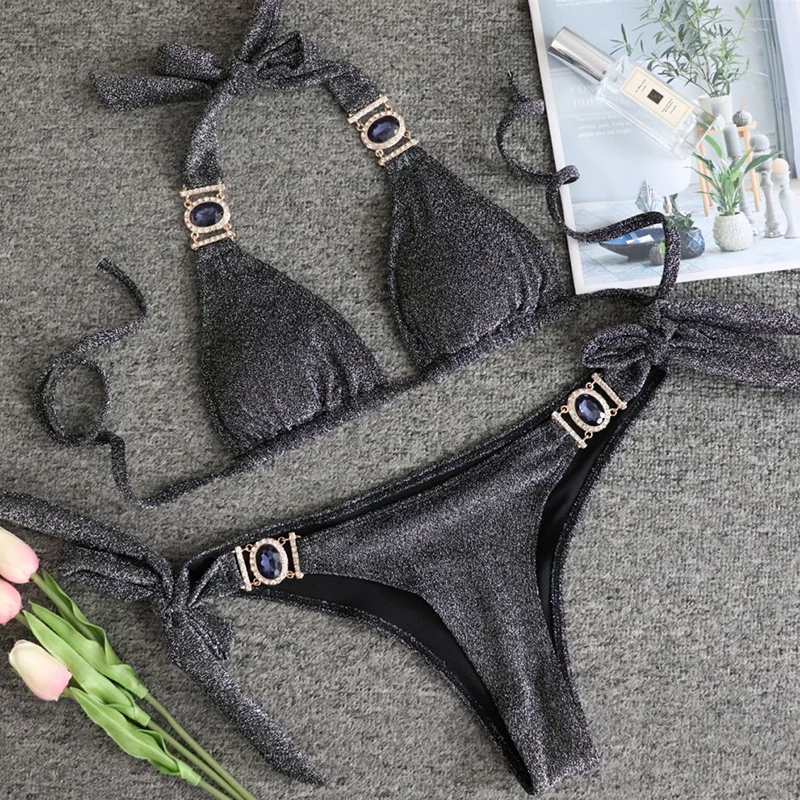 Günstige Glänzenden Strass Bikini 2019 Kristall Diamant Badeanzug Frauen Metall Ketten Bademode weiblichen Bikini set Bandeau Halfter Badeanzug