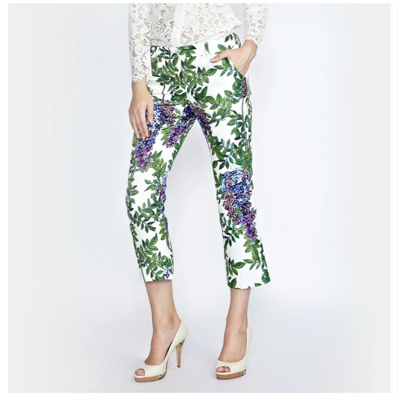 Slim Impreso Flora Pantalones Flor Tobillo Casual longitud Verde Vintage A Mujeres Las Medida Wisteria wX6R8pWq