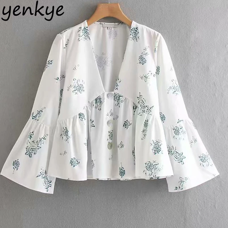 

Modis 2019 Women Front Button Floral Print Blouse Shirt Flare Sleeve V Neck Casual Loose Summer Tops XNWM8891