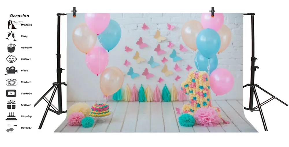 Laeacco Baby 1st Birthday Colorful Balloons Butterflies Cake Photo Background Customized Photographic Backdrop For Photo Studio