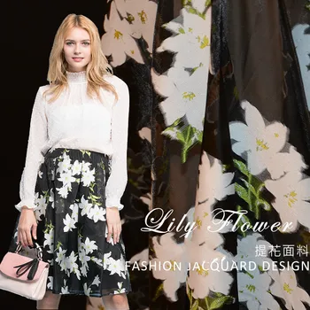 

New black organza fashion jacquard cotton fabric High-end crop white lilies jacquard fabric fabric dress damask brocade