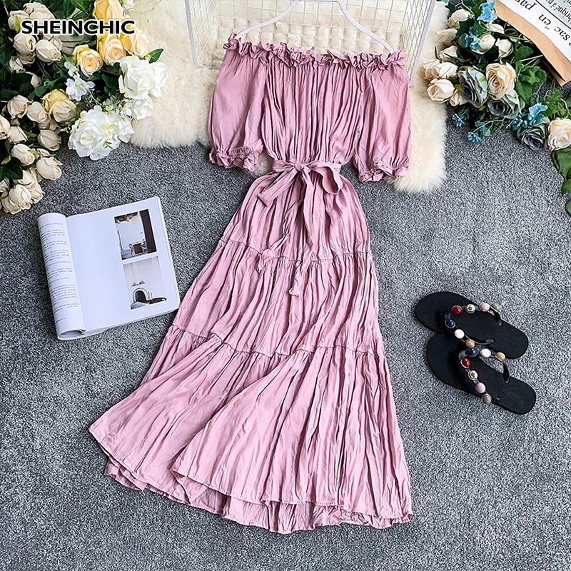 

Summer Vintage Pleated Slash Neck Midi Dress Elegant Puff Short Sleeve High Waist Lace-up Dress Female Retro Verano Vestidos