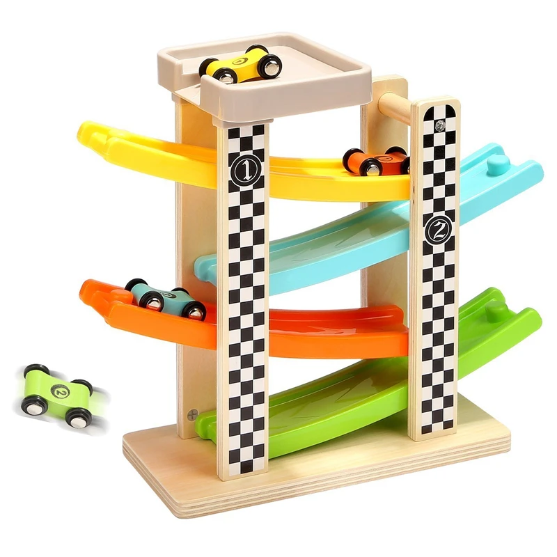 Wooden Track Car Toys Gliding Cars Race 4 layers Slider Ladder Slot