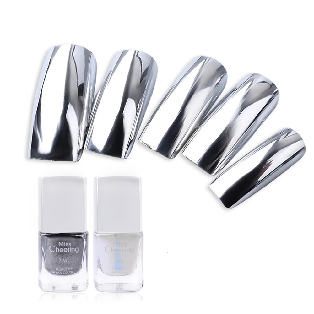 

2 Bottles 7ml Silver Mirror Nail Polish and 7ml Base Coat Metal Nail Polish Varnish Metallic Nail Manicure Set