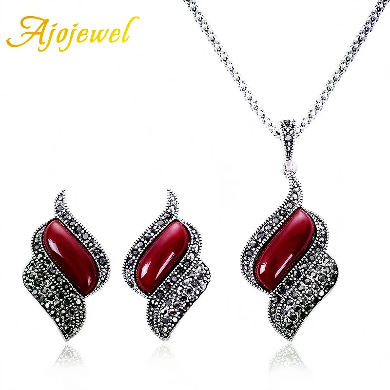 

Ajojewel Black Rhinestone Vintage Jewelry sets Red Resin Earrings And Necklace Set For Women Bijoux Cute Gifts