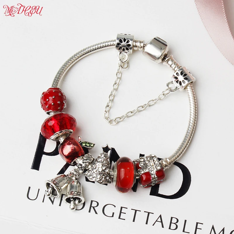 MaHeu Safety Clasp Charm Bracelets Silver Exquisite Red Crystal Beads Bells Pendant Christmas Tree Bead Fit Gift For Women&ampGirl |