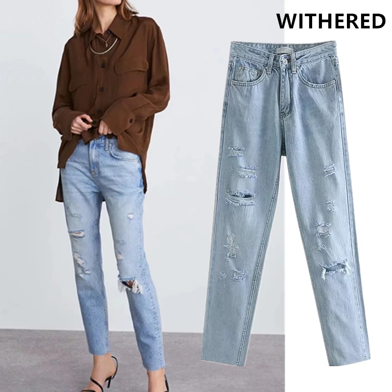 

Withered jeans woman high waist jeans washed hole high street denim ripped jeans for women boyfriend jeans for women plus size