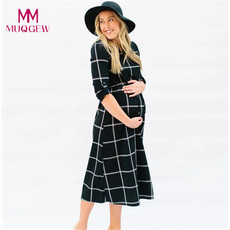 

New Fashion Maternity T-shirt Dress Pregnant Maternity Clothes Casual Nursing Boho Chic Tie Long Sleeves Plaid Pregnancy Clothes