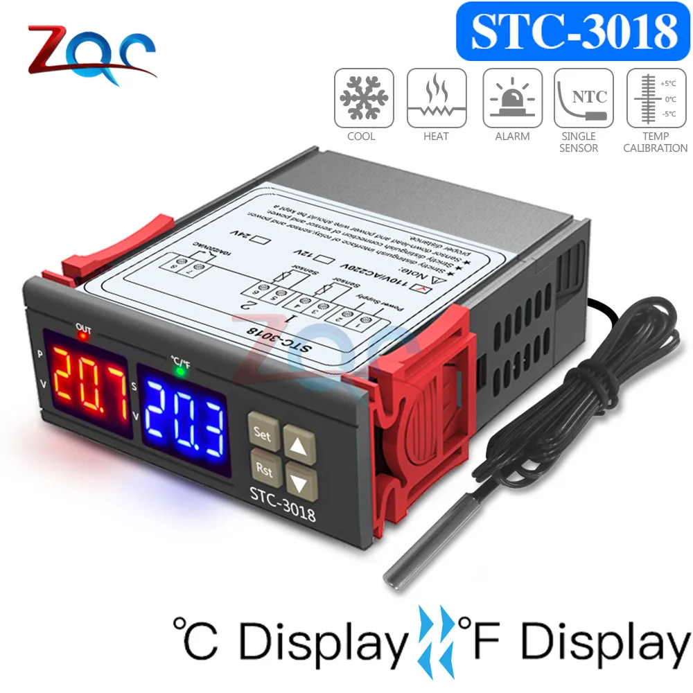 

DC 12V 24V AC 110V-220V Dual Digital Temperature Controller C/F Thermostat Thermoregulator Incubator 10A Relay Heating Cooling