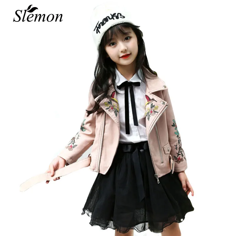 

2018 New Spring Cool Girls Pu Leather Jacket Embroidery Autumn Chic Children Kids Punk Clothes Coats 5 6 7 8 9 10 11 12 13 Years