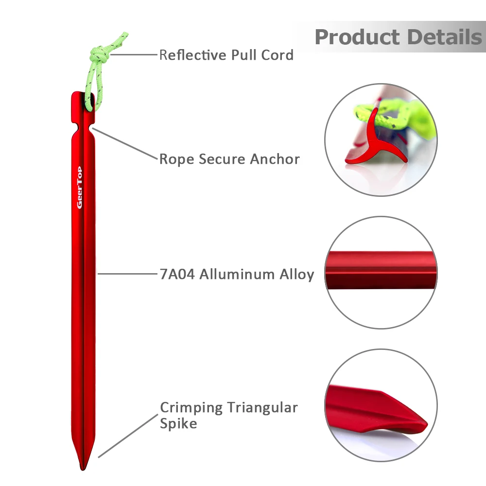 GeerTop алюминиевый тент колышек 10 шт. 18 см сверхлегкие кемпинговые штифты аксессуары для палаток со светоотражающим шнуром сумка для походов на открытом воздухе