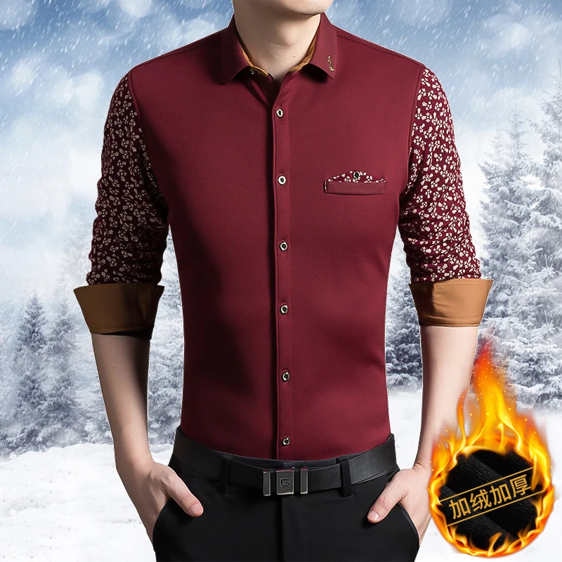 Autumn Winter New British Fashion Korean Male Plush Warm Shirts Printed Busimess Casual Flower Sleeve Long Sleeve shirt