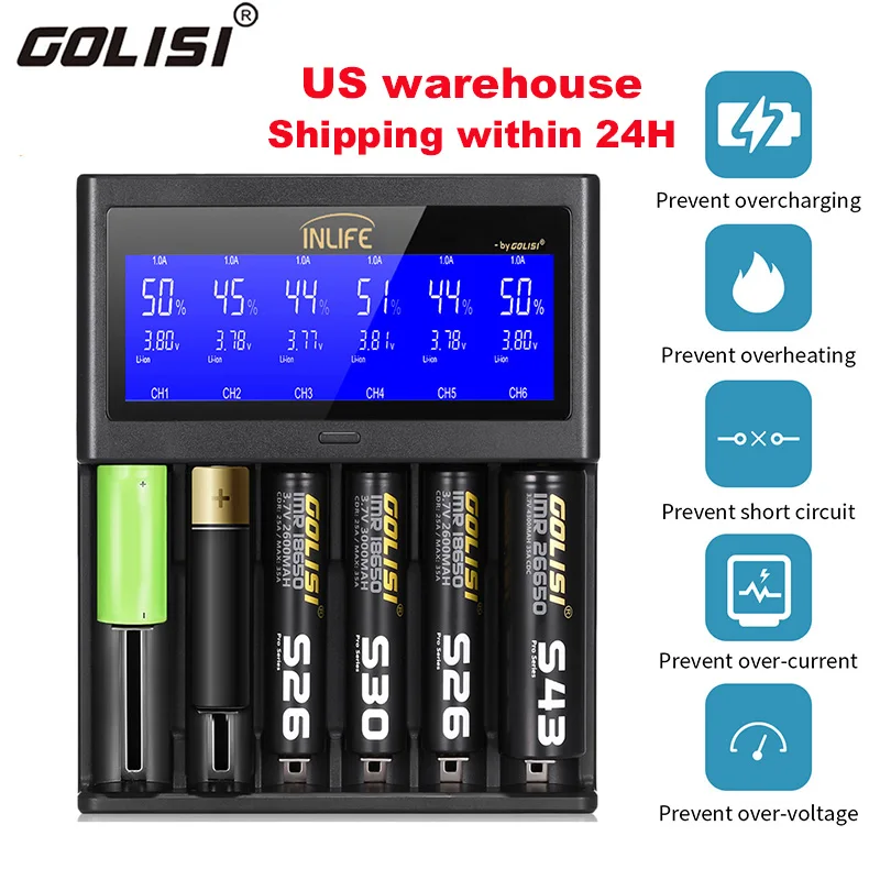 Golisi Inlife S6 2A 1A 0.5A Смарт зарядное устройство ЖК экран USB выход перезаряжаемый литий